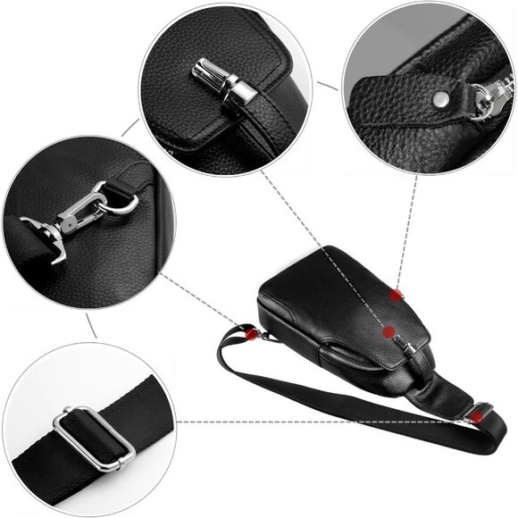 Genuine Leather Sling Bag Unisex Crossbody Purse Travel Daypack Black - Picture 7 of 7